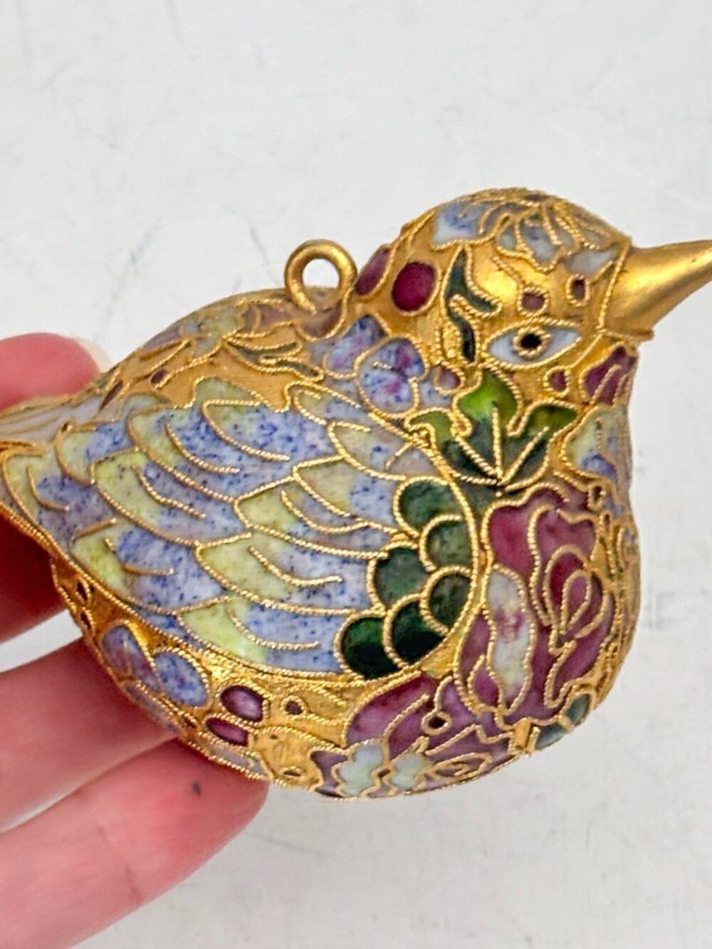 VTG Cloisonne NYCO Enameled Gold Tone Metal Ornamental Bird Figurine Rose Boho